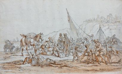 Jean Baptiste HILAIRE (Audun 1753 - Paris 1822) Scène de port Plume et encre noire,...