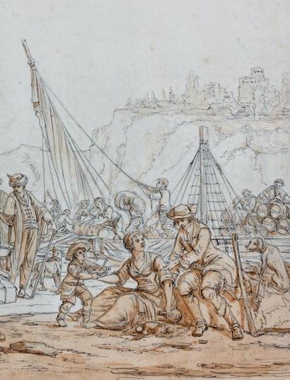 Jean Baptiste HILAIRE (Audun 1753 - Paris 1822) Scène de port Plume et encre noire,...