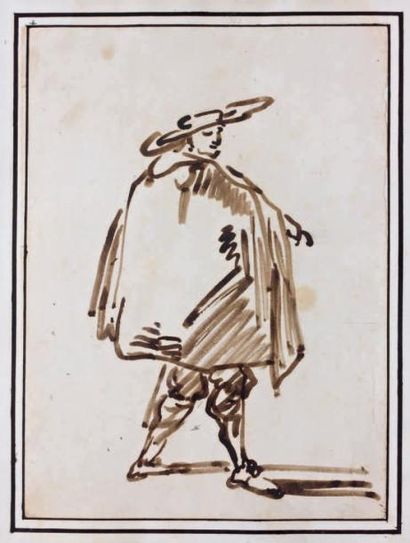 Attribué à Pier Leone GHEZZI (Rome 1674 - 1755) Homme marchant Lavis brun 27 x 19,5...