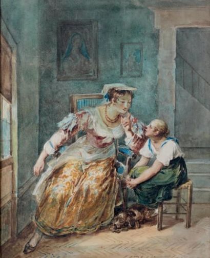 Antoinette Cécile HAUDEBOURG - LESCOT (Paris 1784 - 1845) La recommandation Aquarelle...