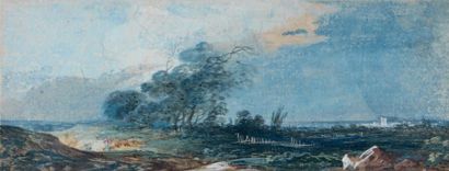 Louis Gabriel MOREAU (Paris 1740 - 1806) Paysage aux arbres Gouache 4,2 x 11,5 c...