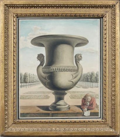 Ecole Francaise vers 1780 Un lecteur près d'un vase Médicis dans un jardin à la française...