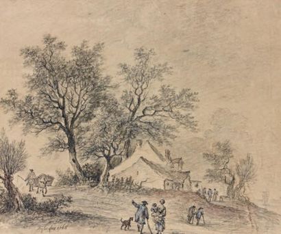 Thomas Aignan DESFRICHES (Orléans 1705 - 1800) Promeneurs et paysans près d'une vieille...