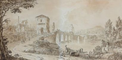 Jean - Baptiste Antoine TIERCE (Rouen 1737 - Florence 1790) Vue du Ponte Milvio Plume...