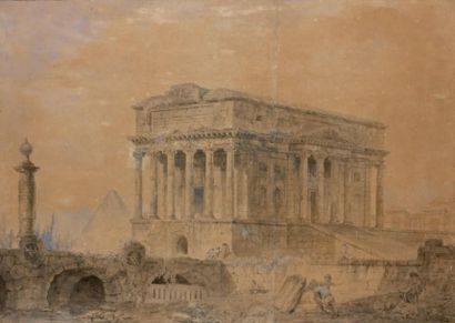 Hubert ROBERT (Paris 1733 - 1808) Ouvriers près d'un temple antique, avec un pont...