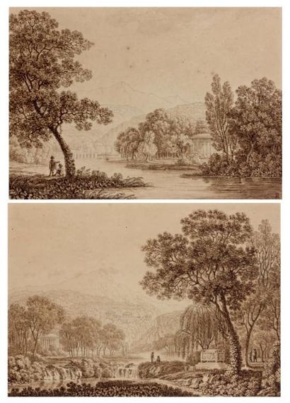 Charles Meynier (Paris 1768 - 1832) Paysage italien aux promeneurs sous un arbre,...