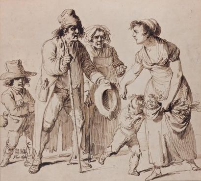 Pierre Alexandre WILLE (Paris 1748 - 1821) Les mendiants Plume et encre brune, lavis...