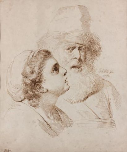 Pierre Alexandre WILLE (Paris 1748 - 1821) Tête d'homme de face, tête de femme de...