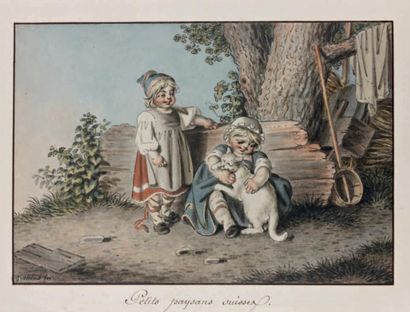 Gottfried MIND (Berne 1768 - 1814) Deux enfants jouant avec un chat Plume et encre...