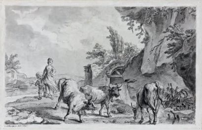 Claude Louis DESRAIS (Paris 1746 - 1816) Jeune femme et son enfant gardant un troupeau...