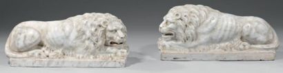 null Paire de lions couchés, en marbre blanc sculpté. Travail italien, d'époque Néo-Classique...
