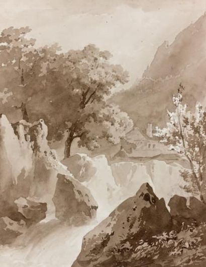 Attribué à Augustin ENFANTIN (1793 - 1827) Paysage de montagne à la cascade Lavis...