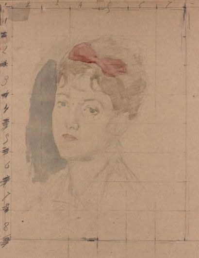 Ecole FRANCAISE de la fin du XIXème siècle Portrait de femme au noeud rouge Aquarelle...
