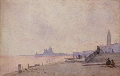 Paul DUVERNEY (Paris 1866 - 1925) Vue de Venise Plume et encre grise, aquarelle....