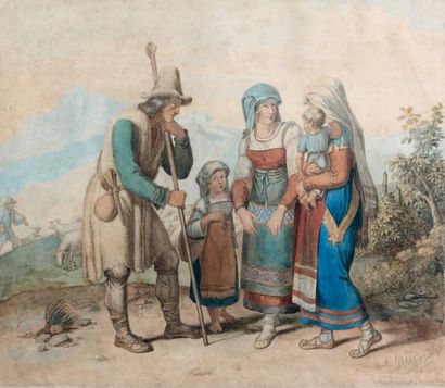 Johannes RIEPENHAUSSEN (Göttingen 1787 - Rome 1860) Famille de bergers italiens Plume...