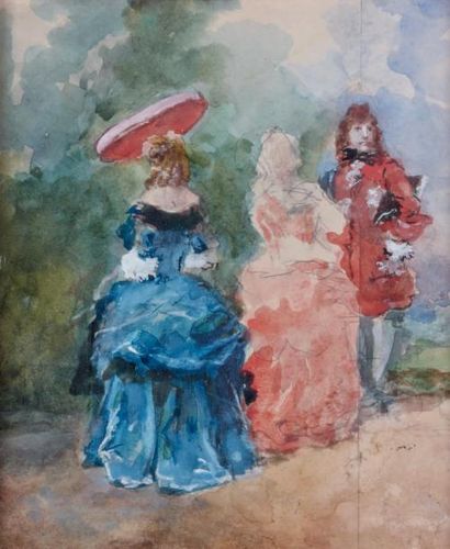 Eugène Louis LAMI (Paris 1800 - 1890) Trois élégants en costume XVIIIème siècle Aquarelle...