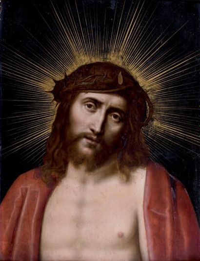 Marten PEPYN (Anvers 1575 - 1643) Visage du Christ en gloire Panneau 65 x 50 cm