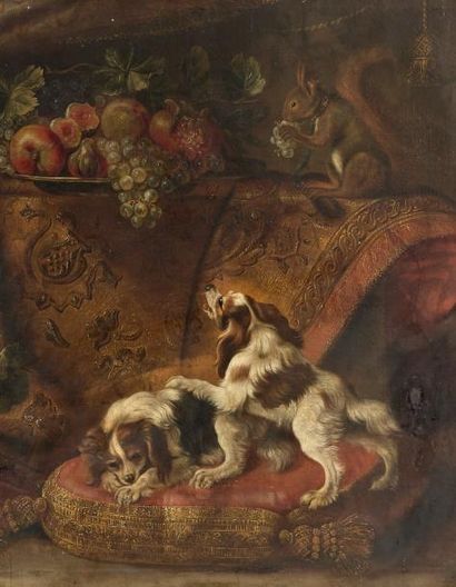 Attribué à Reynaud LEVIEUX (1613 - 1699) Nature morte avec un ara, un écureuil et...