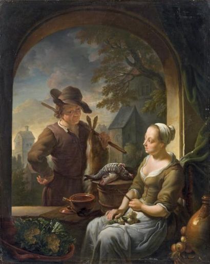 Louis de MONI (Breda 1698 - Leyde 1771) La préparation du repas Panneau de chêne,...