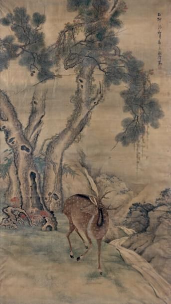 CHINE - XIXème siècle Cerf sous les pins Peinture en hauteur, encre et polychromie...