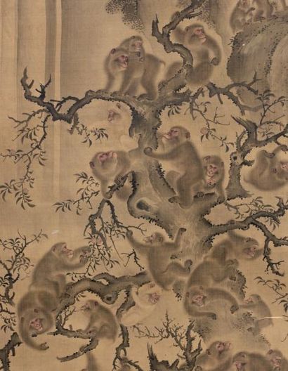 JAPON - XIXème siècle Singes dans un arbre et sur des rochers devant une cascade...
