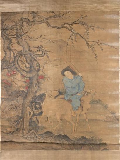 CHINE - XVIIIème siècle Mongol et moutons Peinture en hauteur, encre sur soie (Pliures)...