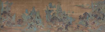 CHINE - XIXème siècle Pèlerins dans un paysage montagneux Peinture en largeur, encre...