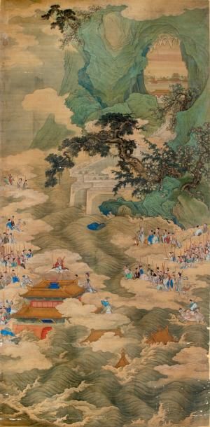 CHINE Laozi sur sa grue au temple de Xiwangmu Peinture en hauteur, encre et polychromie...