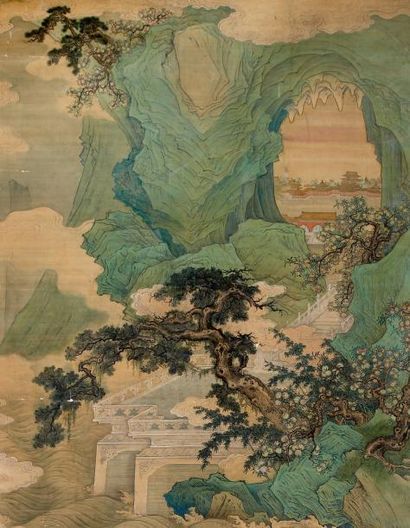 CHINE Laozi sur sa grue au temple de Xiwangmu Peinture en hauteur, encre et polychromie...