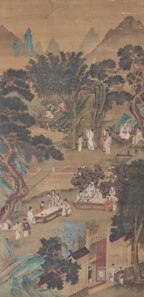 CHINE - XIXème siècle Lettrés dans un jardin, sujet "xi yuan ya ji" Encre et polychromie...