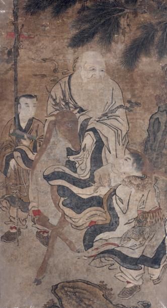 CHINE - XVIIème siècle Shoulao sur son cerf avec deux serviteurs sous les pins Encre...