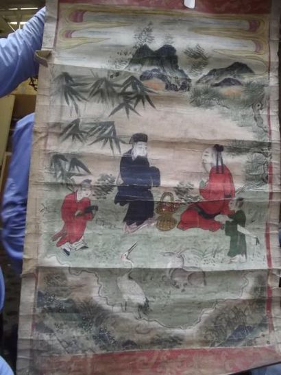 CHINE Lettrés taoïstes avec cerf et grue Peinture en hauteur encre et polychromie...