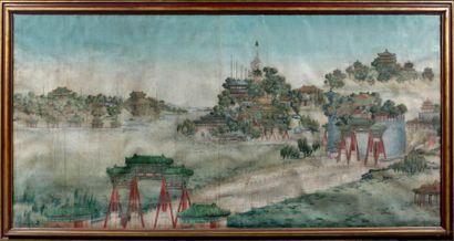 CHINE - XIXème siècle Vue du lac Beihai avec le stupa blanc Peinture en largeur encre...
