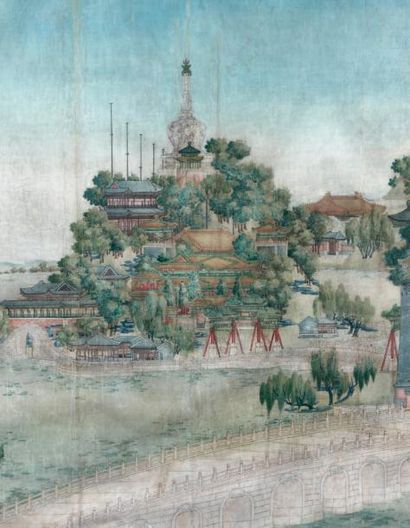 CHINE - XIXème siècle Vue du lac Beihai avec le stupa blanc Peinture en largeur encre...