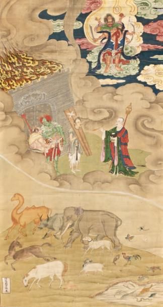 CHINE "Le pardon du moine" Peinture en hauteur encre et polychromie sur soie Commandée...