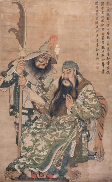 CHINE - XVIIIème siècle Guandi et Zhouchang Peinture encre sur papier. Cachet d'atelier...