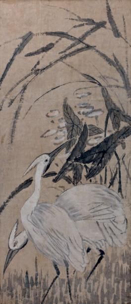 CHINE - XIXème siècle Couple d'aigrettes Encre et polychromie sur papier. 100,5 x...