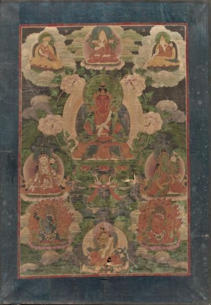 CHINE Tibet - XIXème siècle Amithayus assis entouré de divinités Tanka détrempe sur...