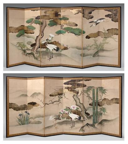 JAPON - Epoque MEIJI (1868 - 1912) Paire de paravents sur papier à fond beige à décor...