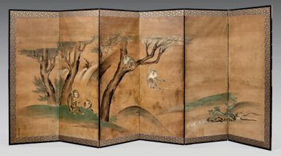 JAPON - Epoque MEIJI (1868 - 1912) Six feuilles de paravent sur papier à fond bistre...