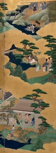 JAPON - Epoque EDO (1603 - 1868) Paravent à six feuilles sur papier à fond or décoré...