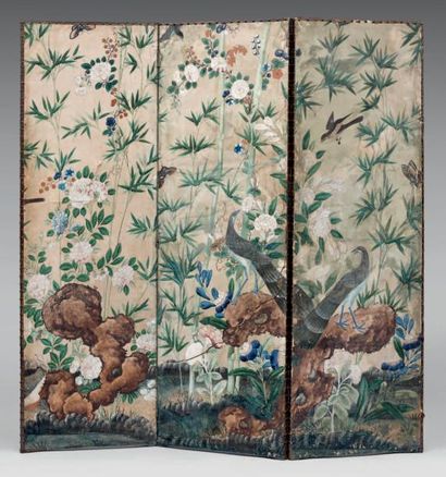 CHINE - XIXème siècle Ensemble de panneaux en toile à décor polychrome de fleurs...