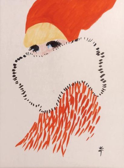 GRUAU René (1909 - 2004) «Femme au bonnet rouge». Aquarelle, crayons de couleur et...