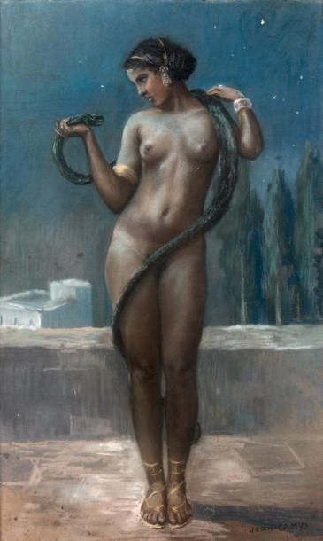 CAMUS Jean «Femme au serpent». Fusain. Signé en bas à droite. 60 x 37 cm
