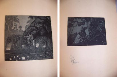 JOUVE Paul (1880 - 1973) «Éléphants et ourson». Deux lithographies. Non signées....