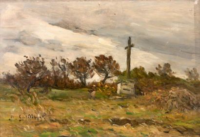 Antoine GUILLEMET (1843 - 1918) Paysage à la croix Huile sur panneau, signée en bas...