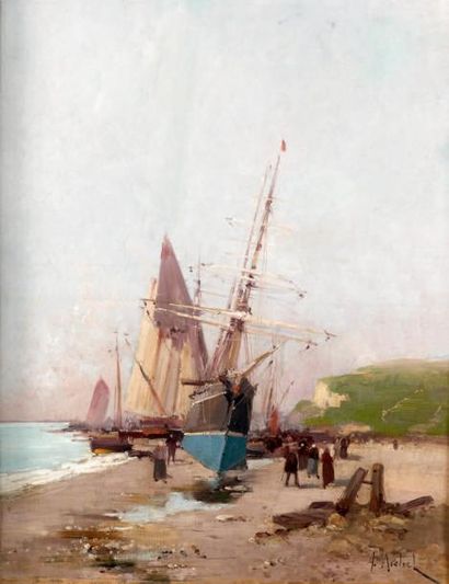 A. MICHEL dit GALIEN LALOUE (1854 - 1941) Voiliers sur le sable Huile sur toile,...