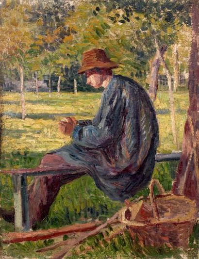 Maximilien LUCE (1858 - 1941) Rodo Pissarro dans le jardin de son père à Eragny,...
