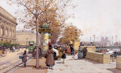EUGÈNE GALIEN LALOUE (1854 - 1941) Paris, les quais au Châtelet Gouache, signée en...
