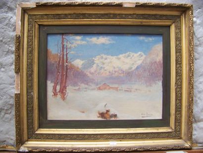 Charles MONNIER (1837 - 1975) Maisons sous la neige Huile sur toile, signée en bas...
